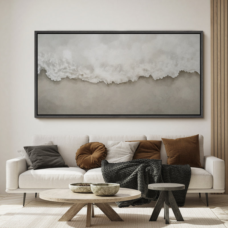 «Waves Crashing on Shore», toile encadrée - Scène côtière minimale dans des tons neutres, H 30 po x l 60 po, Noir