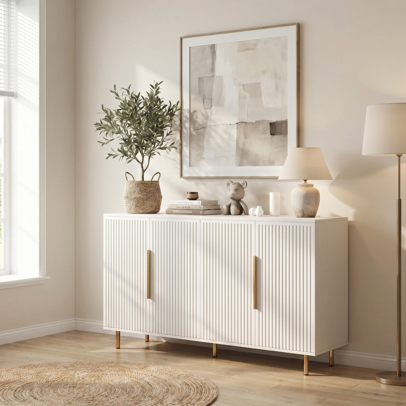 57" Wood Sideboard Console Table Entryway Table with Cabinets, White