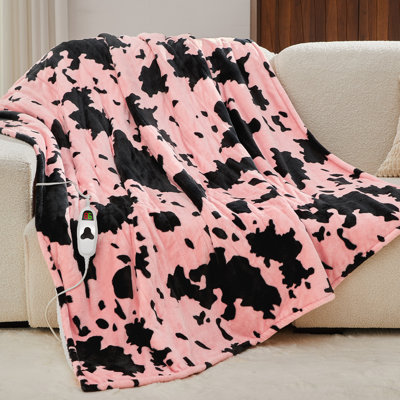 Cow Print Heated Blanket Throw, 50x60 Inches, 10 Heat Settings with 8-Hour Auto Shut-Off, Fleece Sherpa Heating Blanket for Adults, ETL Certified