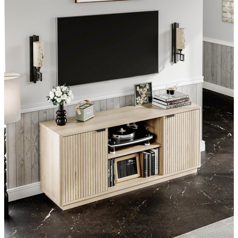 60'' Fluted TV Stand, Console Table, Modern Curved TV Stands with Water Wave Shaped Door, Beige