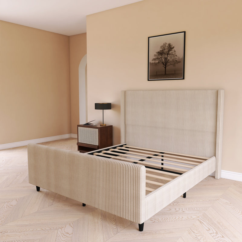 Lit tapissier haut en velours côtelé, Crème, crème, Grand