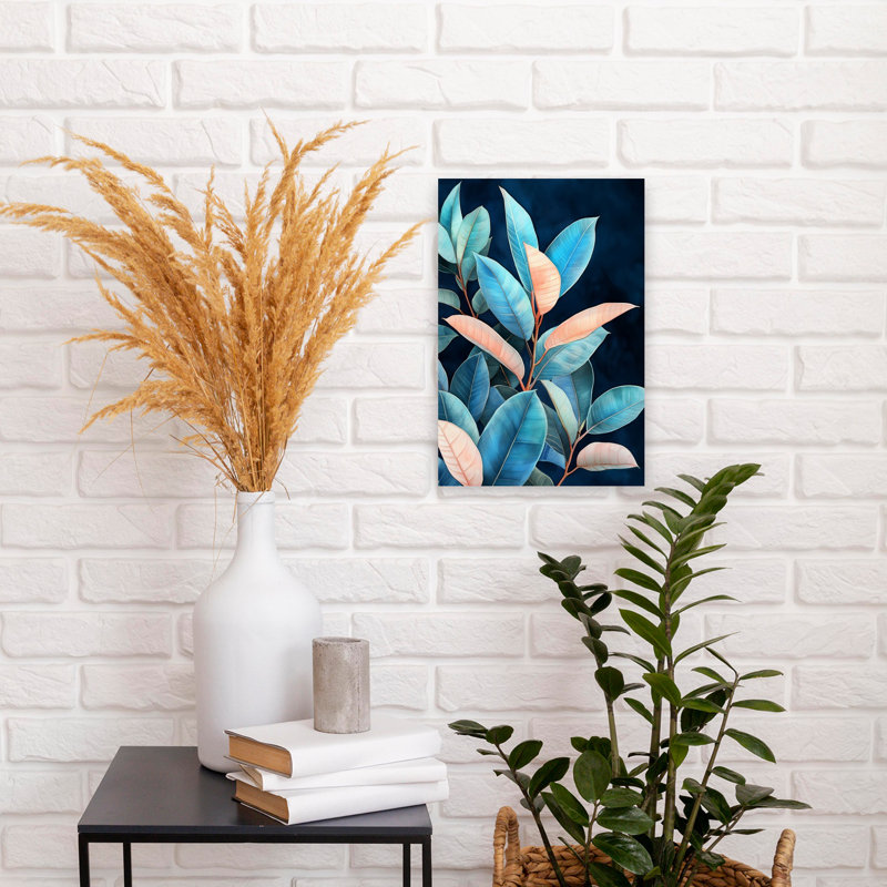 «Elegant Blue Peach Foliage», art abstrait coloré, plante naturelle, H 18 po x l 12 po