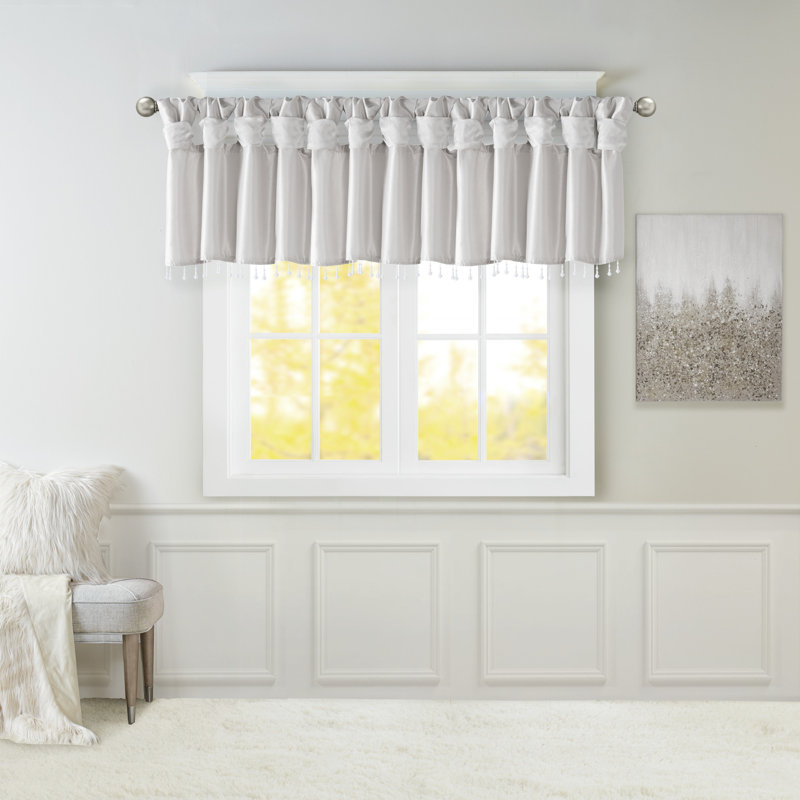 Karlita Silver Lightweight Solid Faux Silk Lined Twisted Tab Top Single 50x26" Valance with Beads, Silver