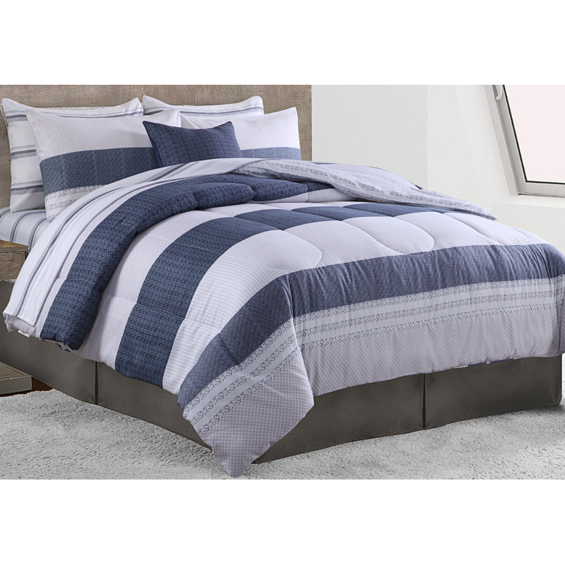 Nantucket Polyester Ring Stitch Striped Comforter, Full Comforter + 7 Additional Pieces, Denim