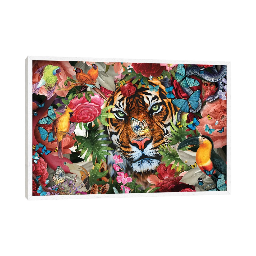 Tropische Blumen und Tiger von Claudia McKinney - Galerie-verpackte Leinwand Giclée auf Leinwand