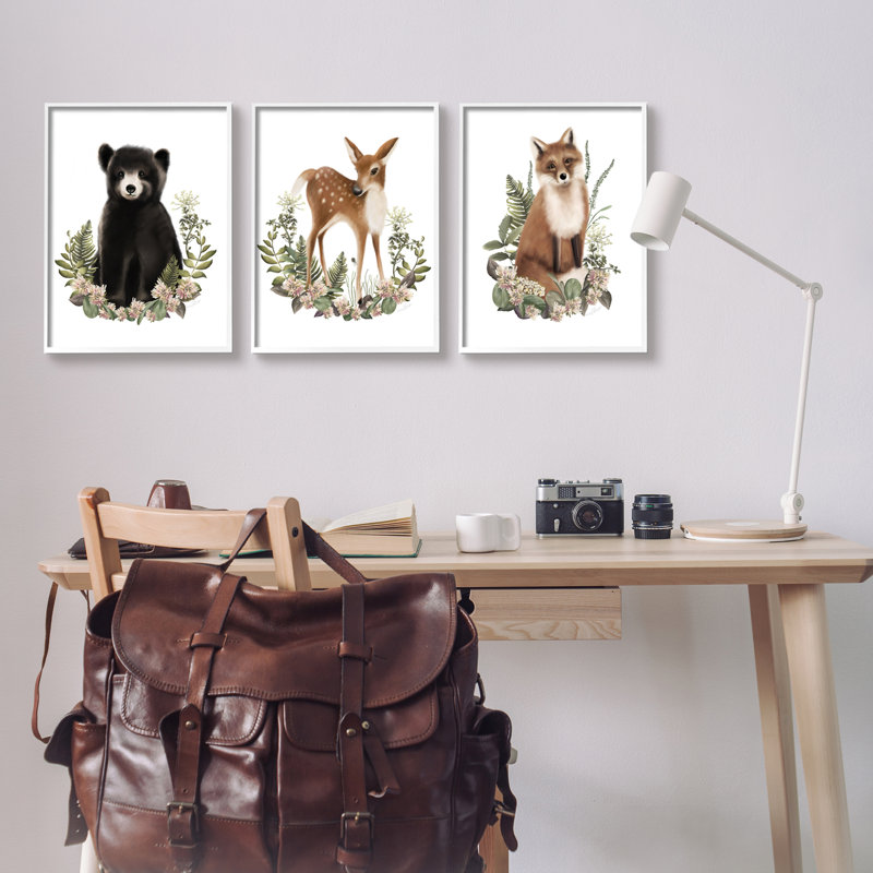 "Floral Woodland Animals", impression sur bois 3 pièces, H 20 po x l 48 po x P 1,5 po, Giclée encadrée blanc bord de mer