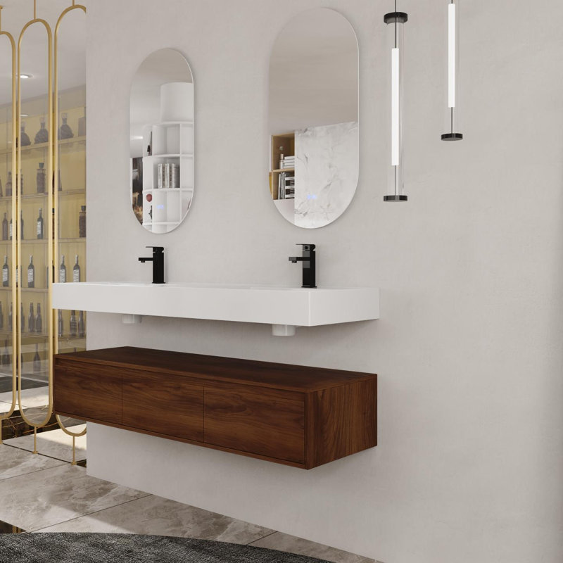 Meuble-lavabo mural de 60 po avec lavabo en résine, tiroir à fermeture en douceur et fixation flottante