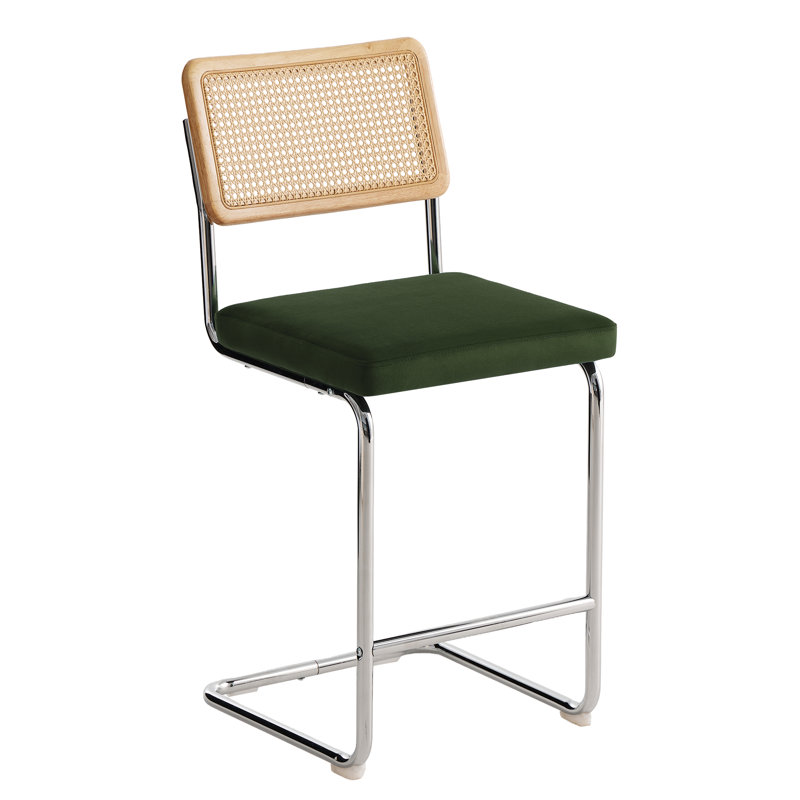 Mid-Century Modern Stool, Set of 1, 26.2" Height Counter Stool, Natural Rattan Back with Thick Padded Seat & Metal Legs – Green