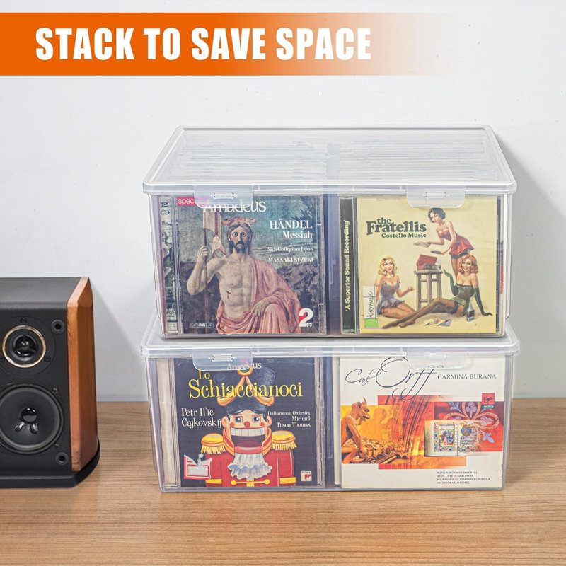 Boîte de rangement pour CD, range-CD empilable en plastique transparent
