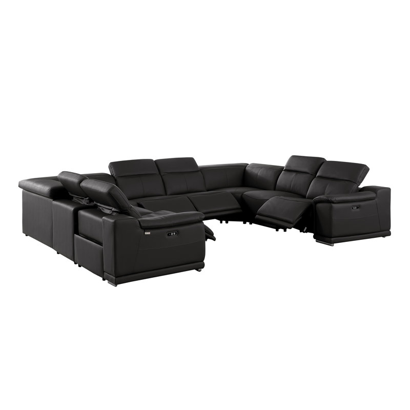 Lily 8 Piece 4 Power Top Grain Italian Leather Sectional, Black Genuine Leather