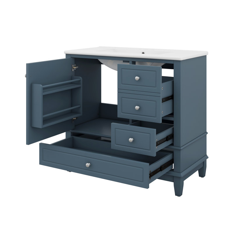 Meuble-lavabo sur pied 36 po avec lavabo en céramique, panneau de fibres à densité moyenne et base en bois massif, 3 tiroirs et tablettes