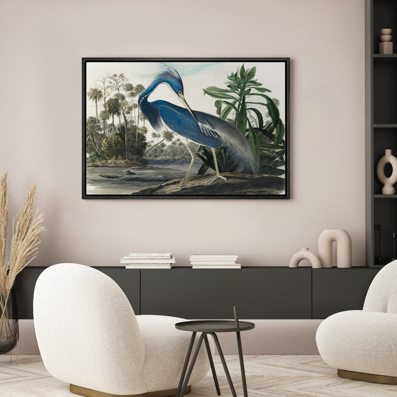Oiseau bleu par le marais, paysage tropical, illustrations d'animaux, Noir, H 16 po x l 24 po