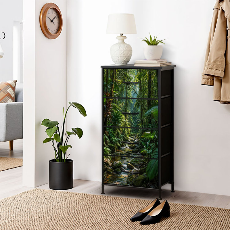 Commode 4 tiroirs pour chambre à coucher, commode étroite, plateau en bois et structure en fer de travail 18 po x 37,5 po - (l x H) - avec imprimé de forêt tropicale