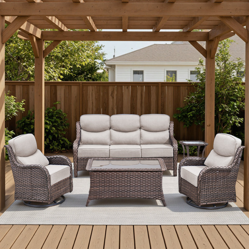 5-Piece Outdoor Wicker Patio Thick Cushion Sofa And Swivel Chairs Set With Coffee Table, Beige, Brown