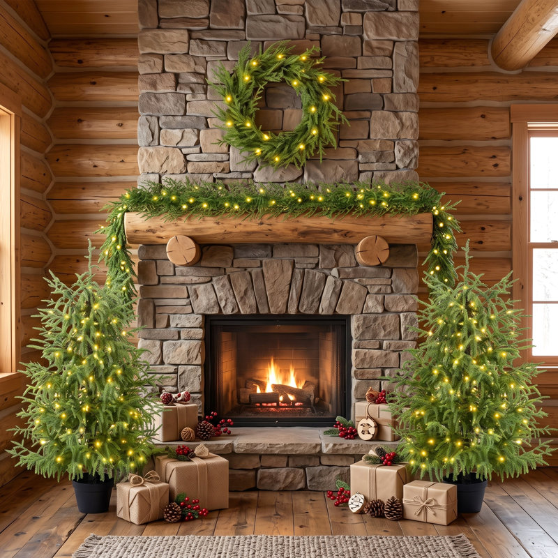 Ensemble de sapin de Noël en pot Everglow préilluminé en 4 pièces avec couronne, guirlande et lumières