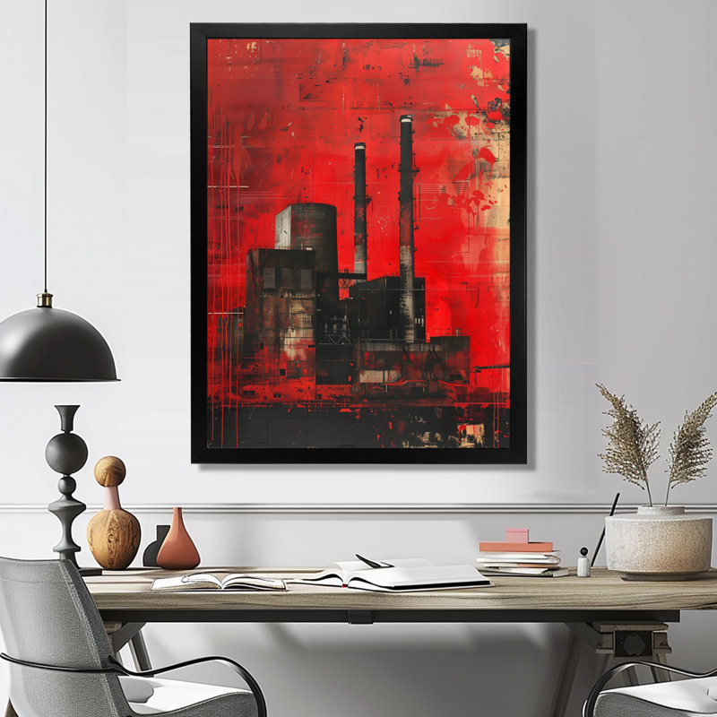 Décoration murale rouge et noire industrielle Polution Power Plant III - Centrales électriques, H 12 po x l 20 po