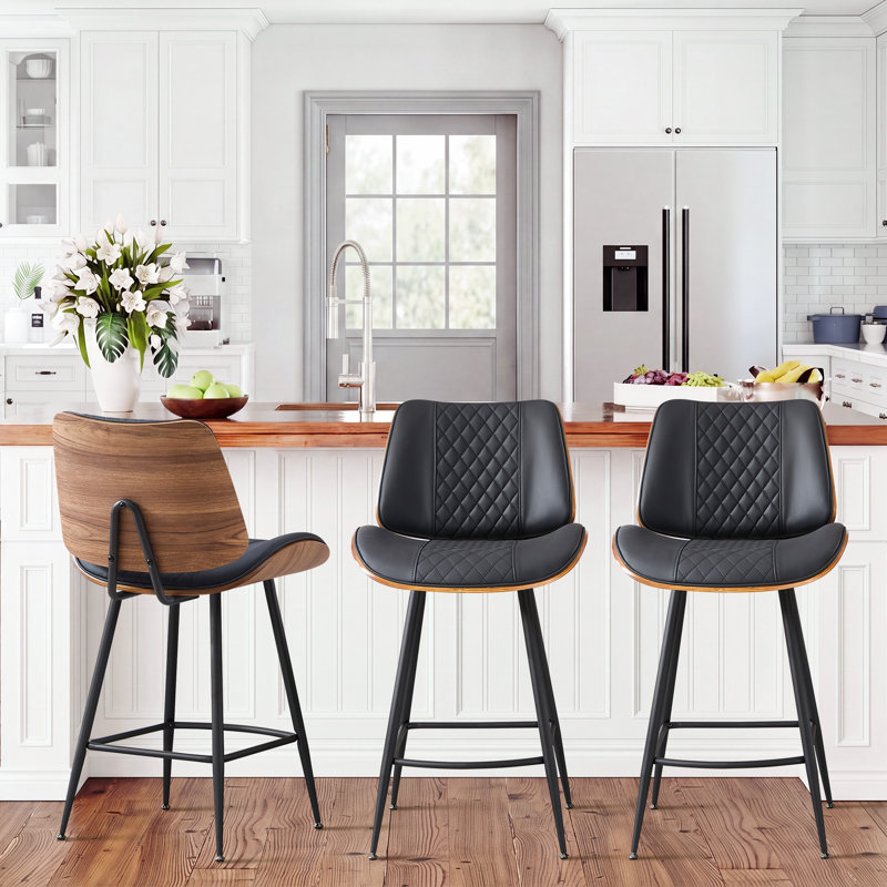 Tabouret de bar rembourré en similicuir avec dossier et repose-pieds ergonomiques, Noir