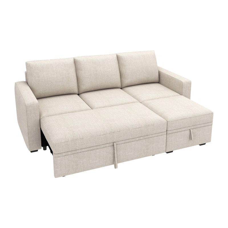 Anureet L-Shaped Sectional Modular Sofa Bed With Storage Seat, Beige Polyester Blend