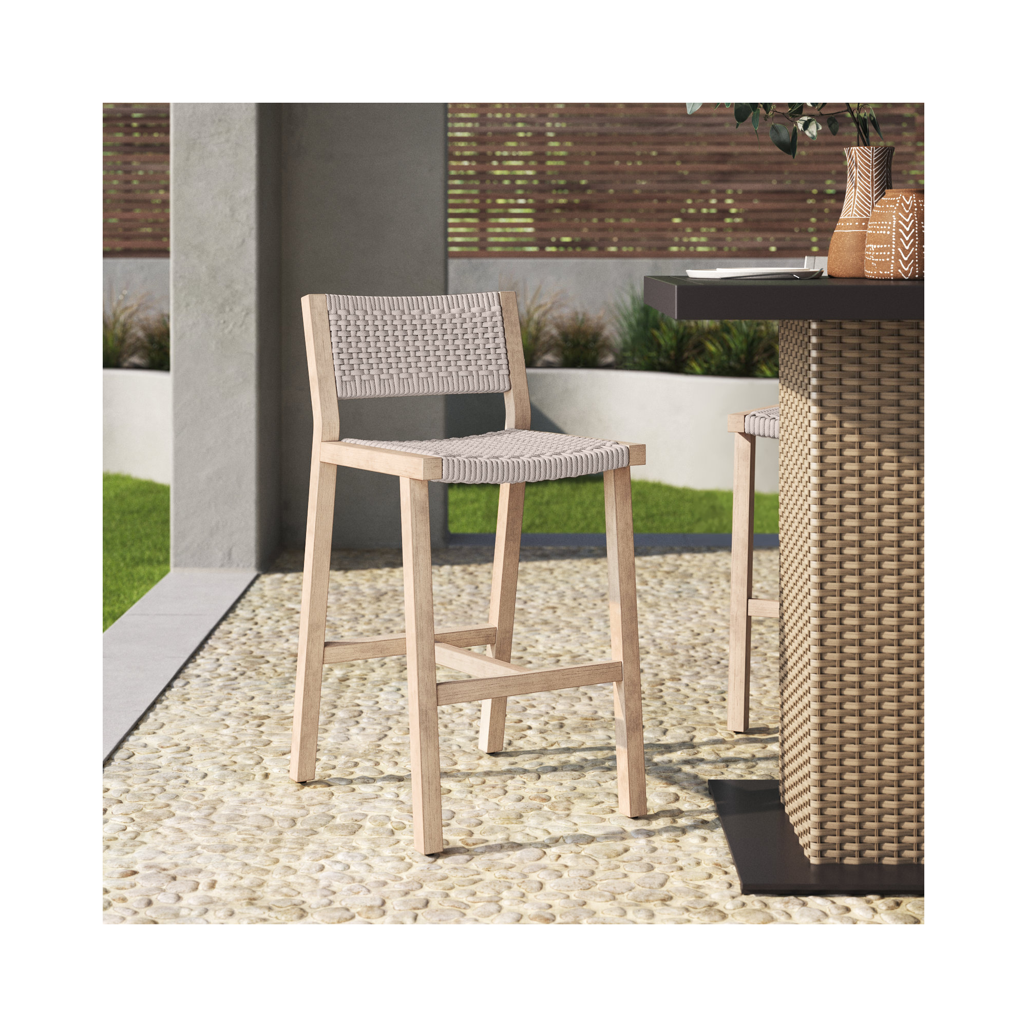 Shea Teak Outdoor Bar Stool, Bar Stool (29" Seat Height), Washed Brown, Gray Rope
