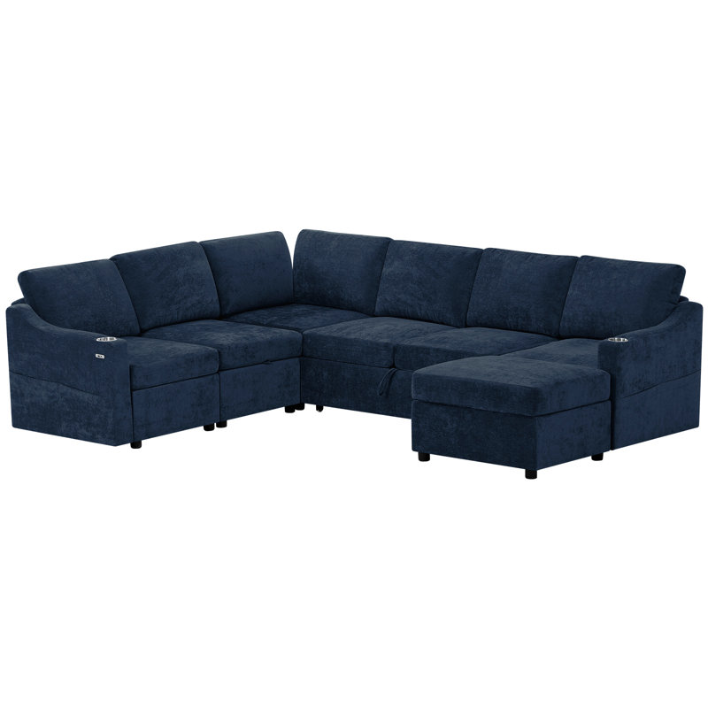 116" 7-Seats Modern Modular Sleeper Sofa With Adjustable Backrest, Chenille U-Shape Sectional Couch With Usb Charging & Pull Out Bed, Convertible Corner Sofa With Cup Holders & Ottoman For Living Room, Office