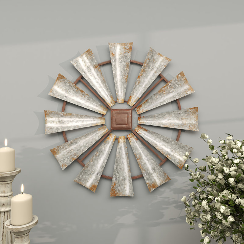 Metal Distressed Galvanized Windmill Silver Wall Decor with Rust Frame, 30" H x 30" W x 1" D