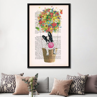 «Vintage Paper Series: Bulldog in Flower Air Balloon», impression sur toile