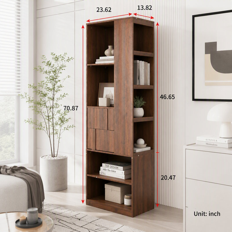 Armoire de rangement autoportante avec tiroirs et tablettes ouvertes