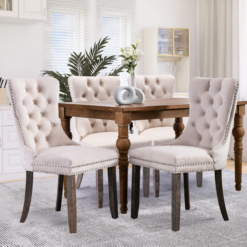 Chaises de salle à manger, chaise de salle à manger rembourrée haut de gamme avec anneau clouté, 4, Lin beige, Brun
