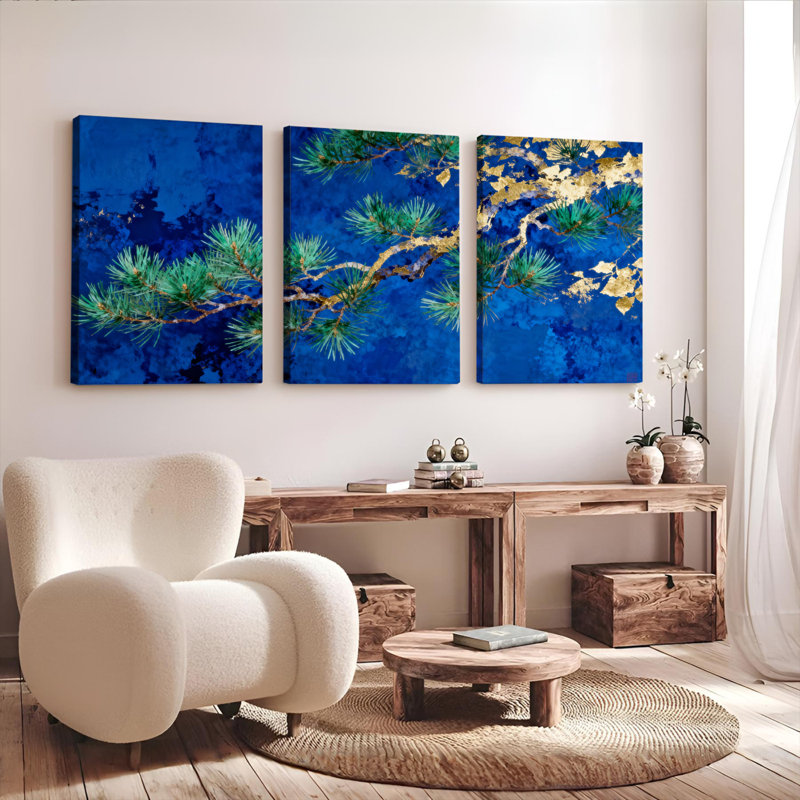 Ensemble de 3 tableaux abstraits sur toile tendue, motif branches de pin, H 36 po x l 72 po