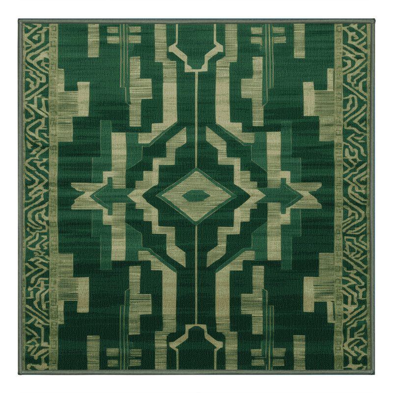 Machine Washable Art Deco Green Area Rug, Square 4'