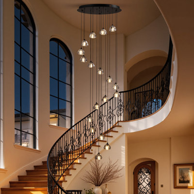 Luminaire suspendu en spirale réglable 24 "en cristal noir moderne à 24 lumières pour escalier