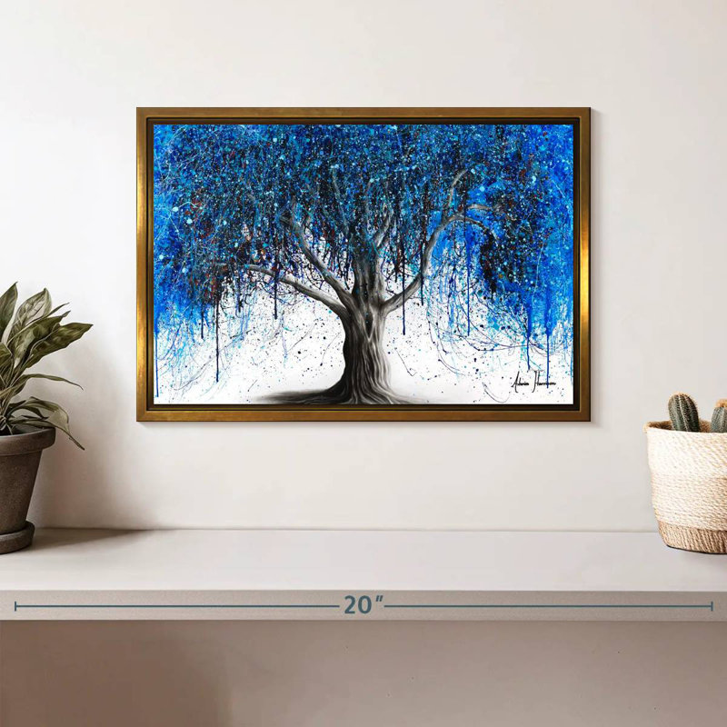 Arbre bleu au clair de lune, Cadre flottant doré, 13 po x 9 po