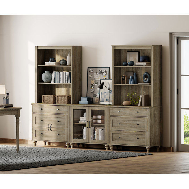 72.1"H X 67.7"W Wash Gray Bookcase With 6 Drawers And 2 Glass Doors, Tall Book Case With Two 3-Tier Open Book Shelfs, Large Wood Bookcases Farmhouse Bookshelves For Living Room Bedroom Home Office Kitchen, 72''