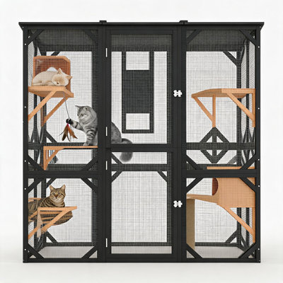 Enclos extérieur extra large de 178 cm avec fenêtre d'accès, comprenant 4 plateformes, 2 niches pour plusieurs chats et compatible avec le tunnel pour chat noir.