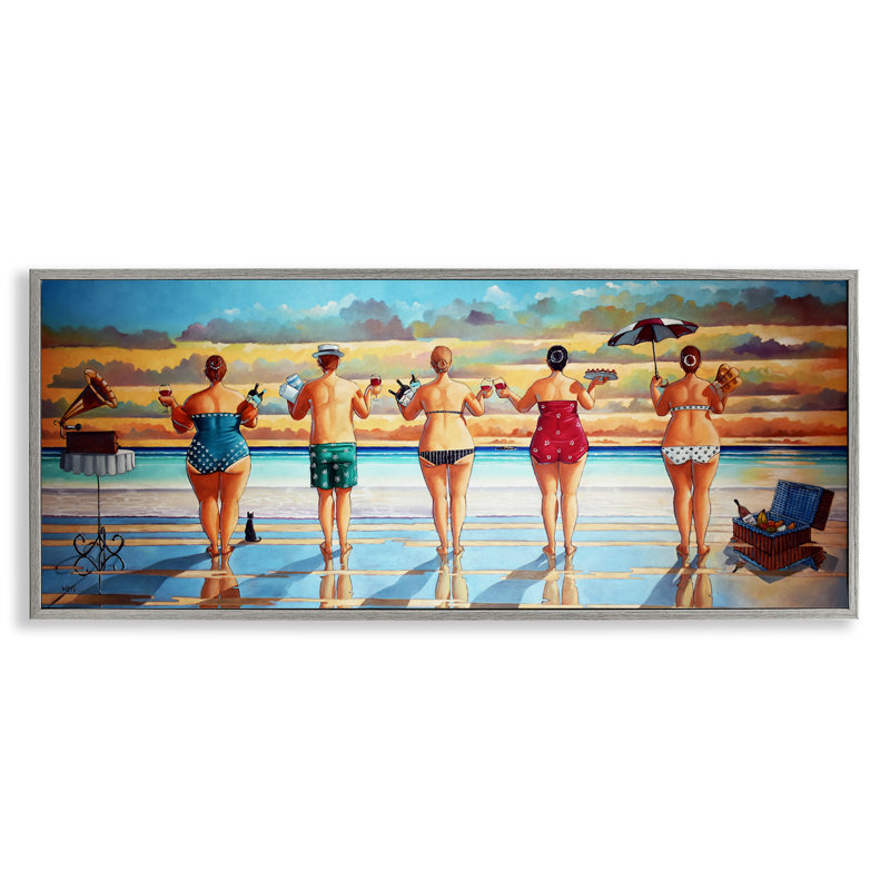 «Beach Friends Coastal Summer Fun» par Ronald West - peinture à cadre flottant sur bois, H 10 po x l 24 po x P 1,5 po