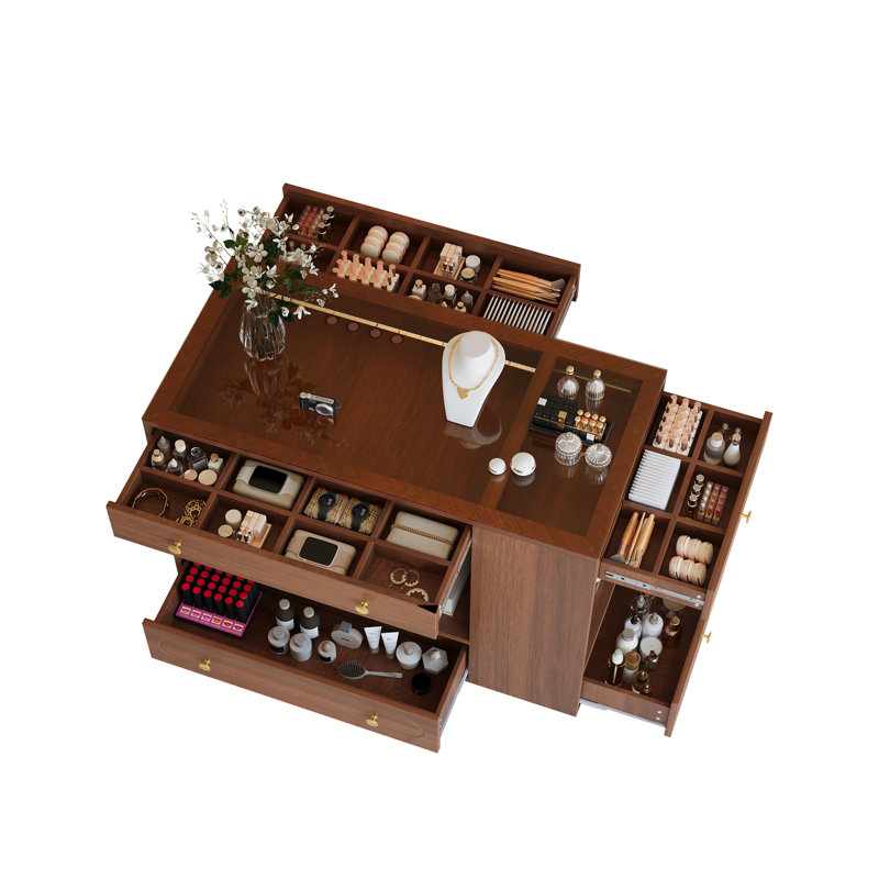 Closet Island with 6 Drawers, Wardrobe Armoire Bedroom Island with Glass Display Top and Open Shelves, Jewelry Storage Vanity Island with compartments, Walk-in Closet Island for Cloakroom