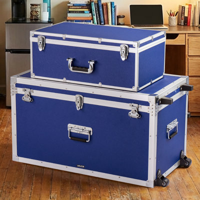 Metal Storage Trunk, Set of 2, Wooden Suitcase Storage Boxes with Padlocks, Large Trunk Includes Casters & 3 Metal Handles, Decorative Store Chest with Lids for Travel, Apartment, Dorm, Blue