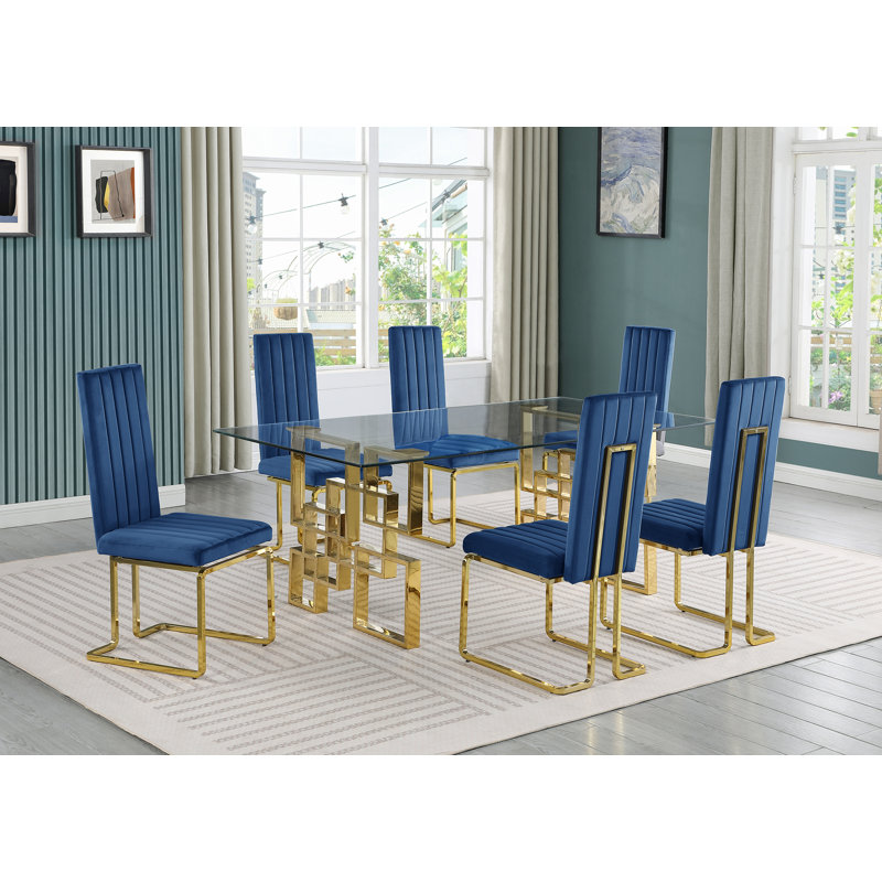 Poynor 6 - Person Glass Top Double Pedestal Dining Set, Navy/Gold, Gold