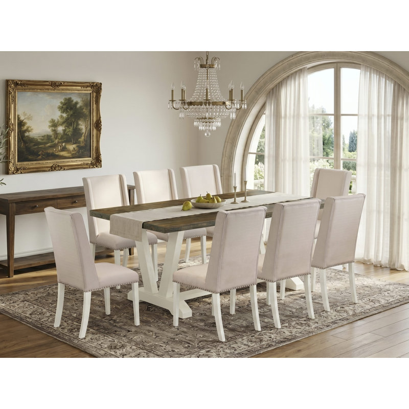 Ensemble de table de salle à manger 9 pièces comprenant une table rectangulaire Jacobean patinée et 8 chaises rembourrées en lin crème avec dossier haut - Lin brossé blanc