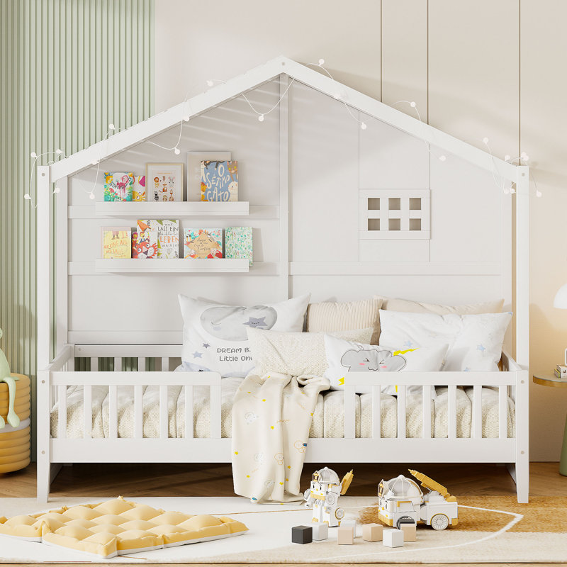 Lit simple pour enfant avec lumière et tablettes Berthold, Blanc