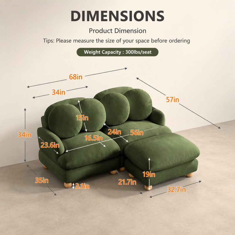 Canapé 3 places en chenille, assise profonde, avec 4 coussins décoratifs, pouf amovible, structure en bois massif, vert. Parfait pour le salon ou la chambre.