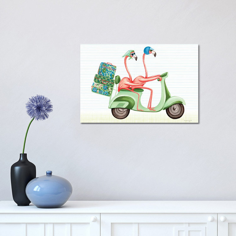 Flamingos Vespa by Amélie Legault - Wrapped Canvas Painting, Wrapped Canvas, 30.48 cm H x 45.72 cm W