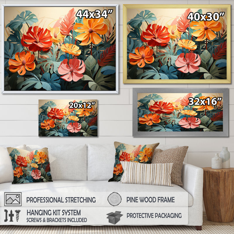 Orange, vert, plantes tropicales V, H 12 po x l 20 po x P 1 po, Toile tendue
