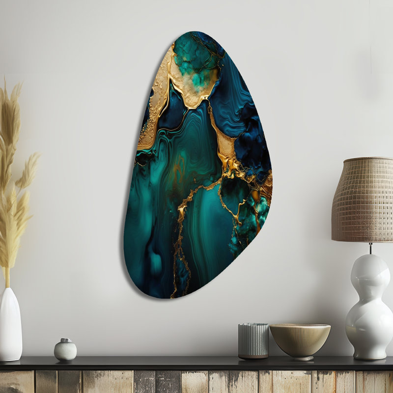 Abstract Geode Marble Green And Gold - Marble Unique Shape Metal Print, Gold Asymmetrical Metal Wall Art