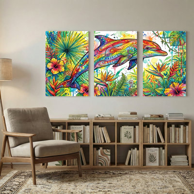 Animaux, dauphin coloré, ensemble de 3 impressions sur toile