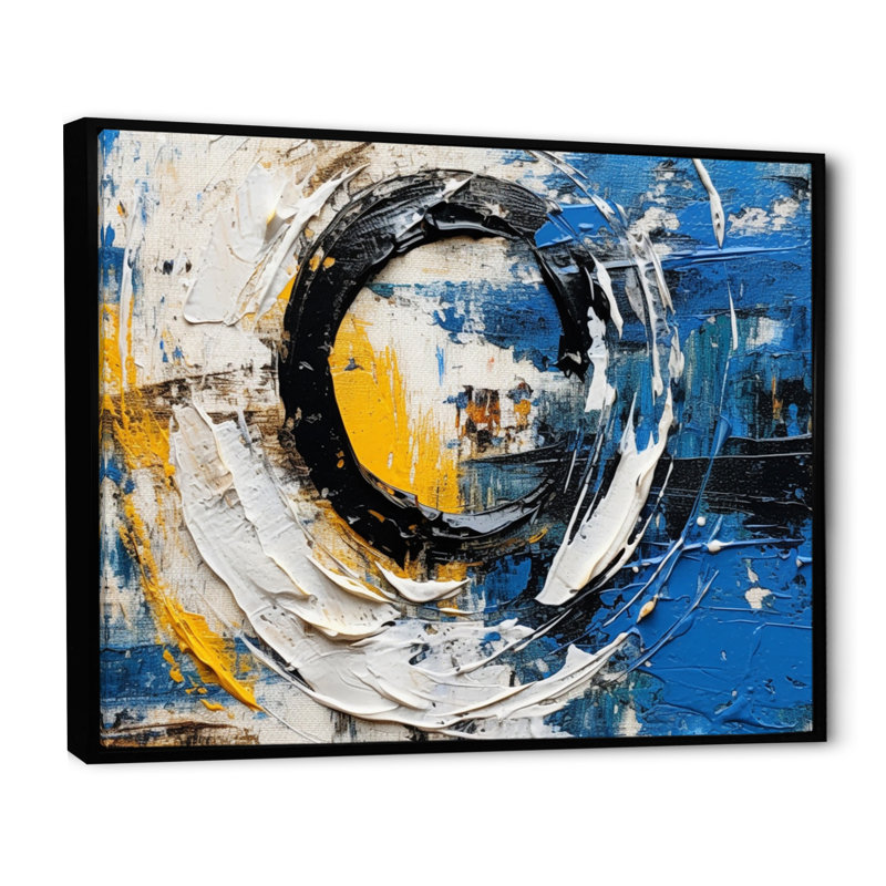 Fusion cubiste bleue et blanche sur toile, Cadre flottant noir, H 12 po x l 20 po x P 1 po