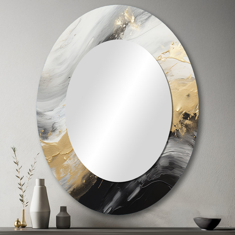 Gold And Black Soft Wave Fusion III - Abstract Oval Decorative Mirror On Metal, 43" x 33"