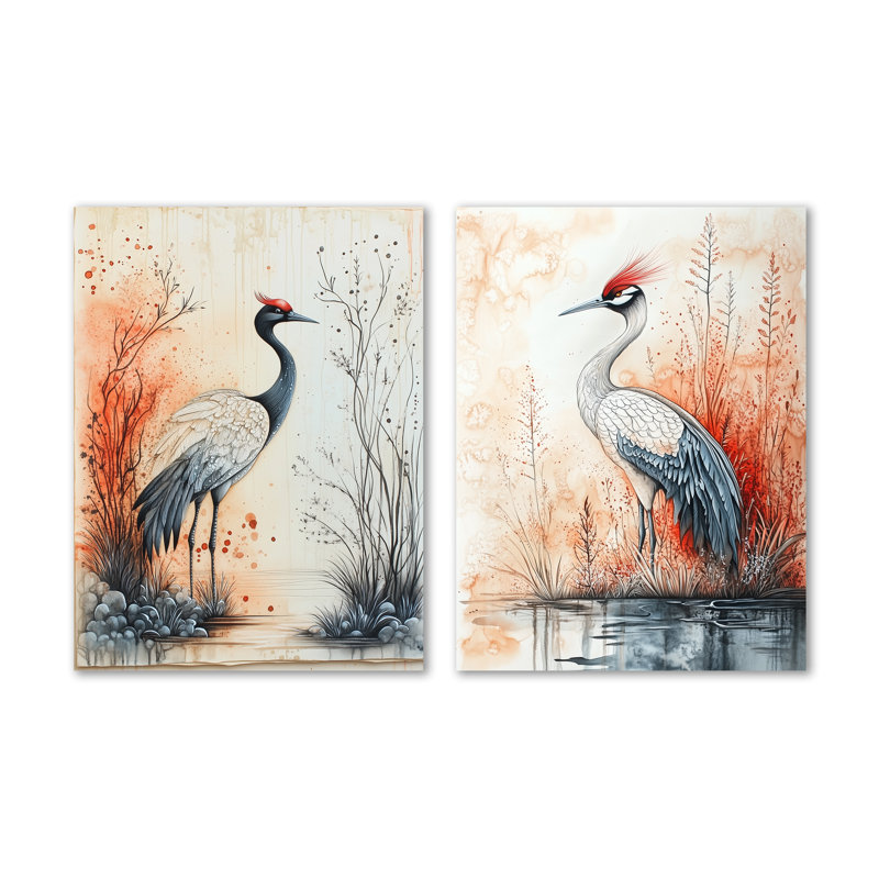 Grue en vol Sumi-E I - Héron, tableau encadré en deux parties, 32" H x 48" W, Wrapped Canvas