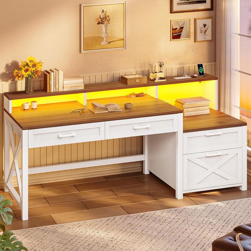55" Office Desk With 4 Drawers, Computer Desk With File Drawer & Power Outlet, Home Office Desk With Storage Shelves & Printer Cabinet