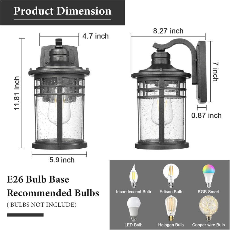 Matte Black Seeded Glass Outdoor Wall Light ETL Listed Rustproof Aluminum Exterior Sconce